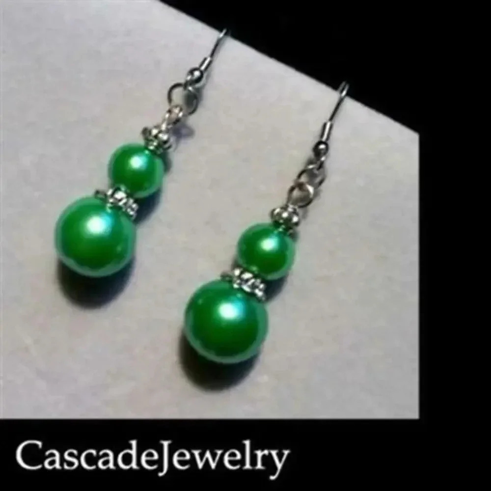 Handmade Long Glass Pearl Earrings Antiqued Silver Beads Deep Spring Green